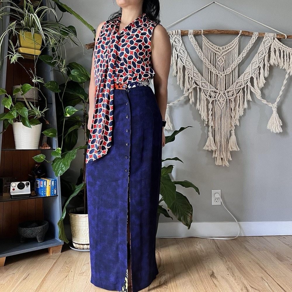 Vintage 90s maxi column wrap Skirt Size 12 blue rayon Maximalism retro